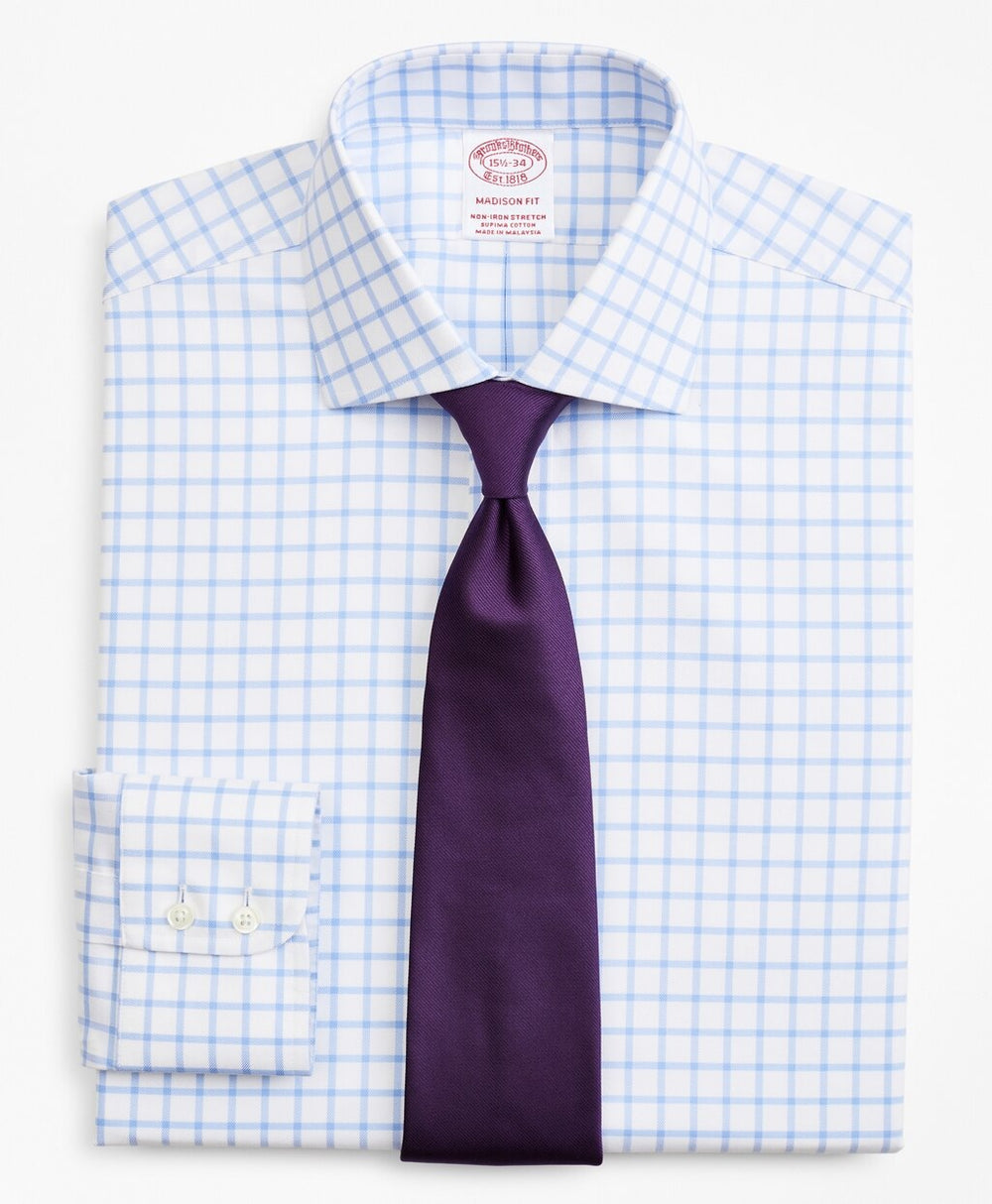Stretch Madison Classic-Fit Dress Shirt, Non-Iron Twill English Collar Grid Check