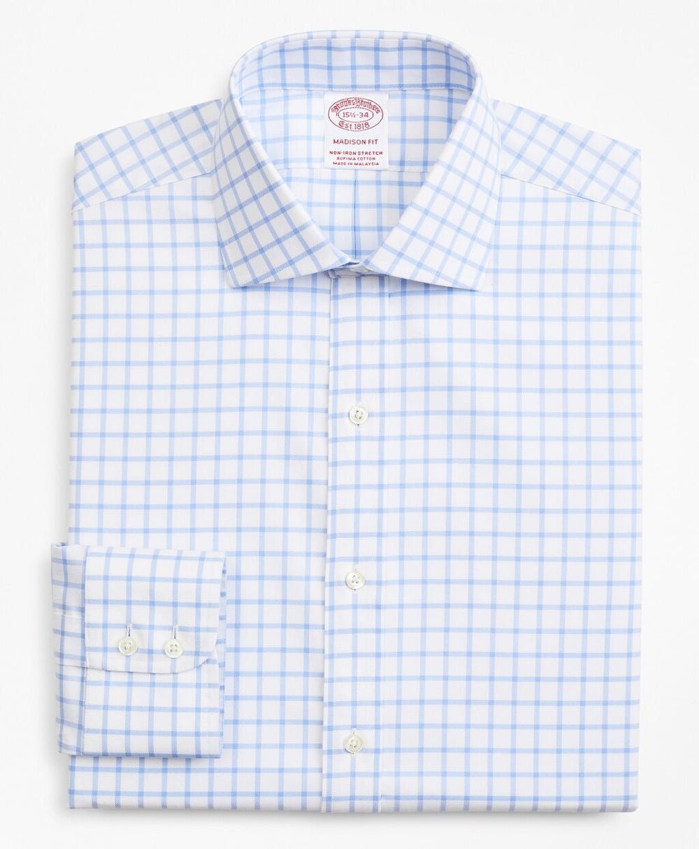Stretch Madison Classic-Fit Dress Shirt, Non-Iron Twill English Collar Grid Check