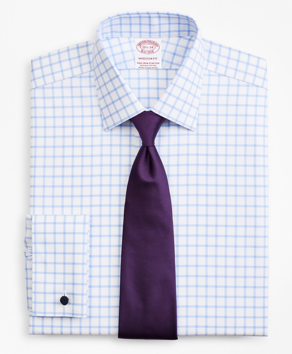 Stretch Madison Classic-Fit Dress Shirt, Non-Iron Twill Ainsley Collar French Cuff  Grid Check