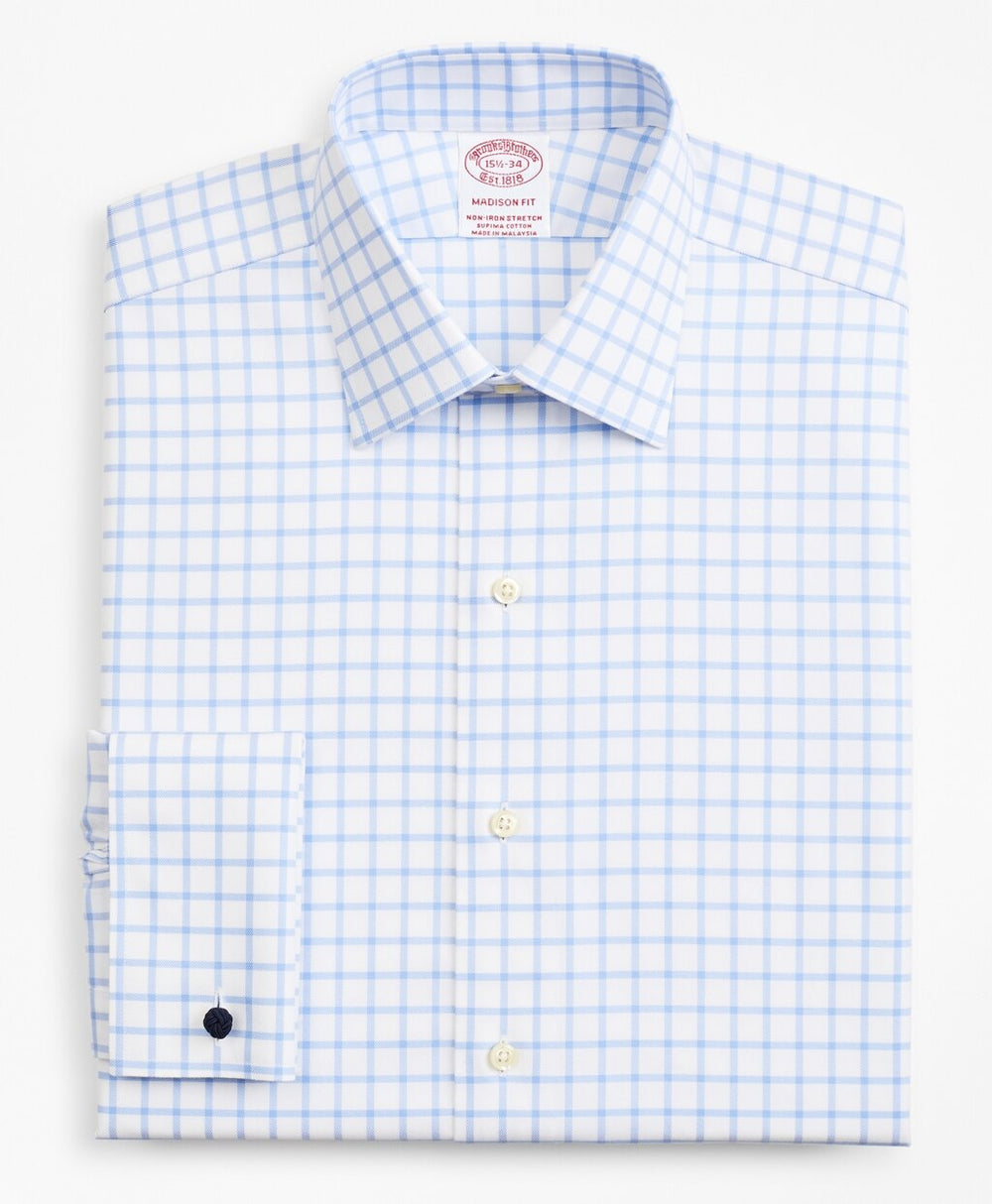 Stretch Madison Classic-Fit Dress Shirt, Non-Iron Twill Ainsley Collar French Cuff  Grid Check