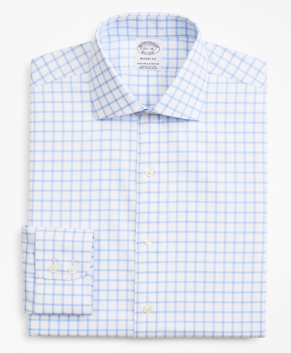Stretch Regent Fitted Dress Shirt, Non-Iron Twill English Collar Grid Check