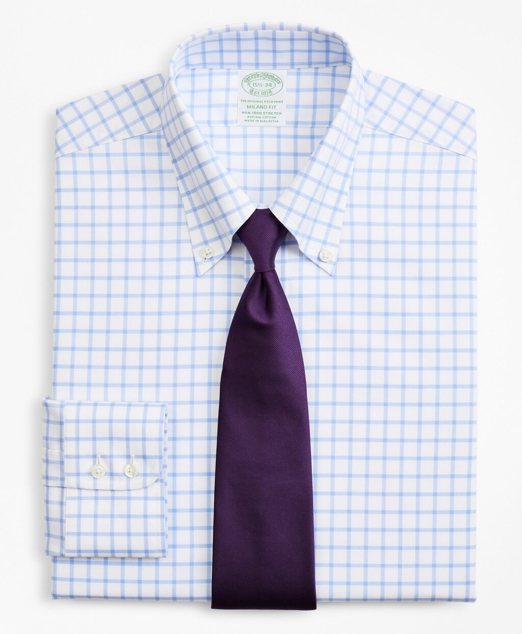 Stretch Milano Slim-Fit Dress Shirt, Non-Iron Twill Button-Down Collar Grid Check