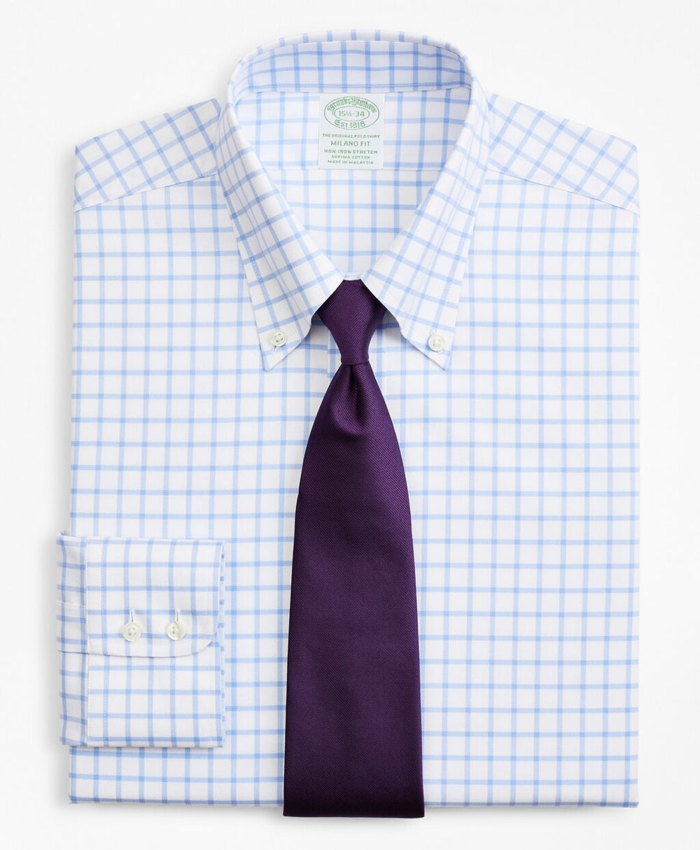 Stretch Milano Slim-Fit Dress Shirt, Non-Iron Twill Button-Down Collar Grid Check