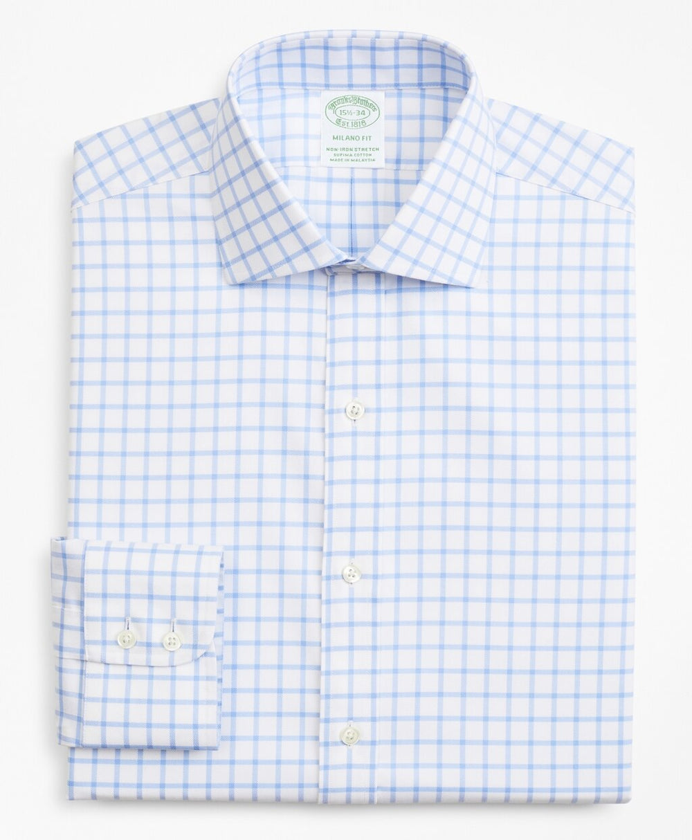 Stretch Milano Slim-Fit Dress Shirt, Non-Iron Twill English Collar Grid Check