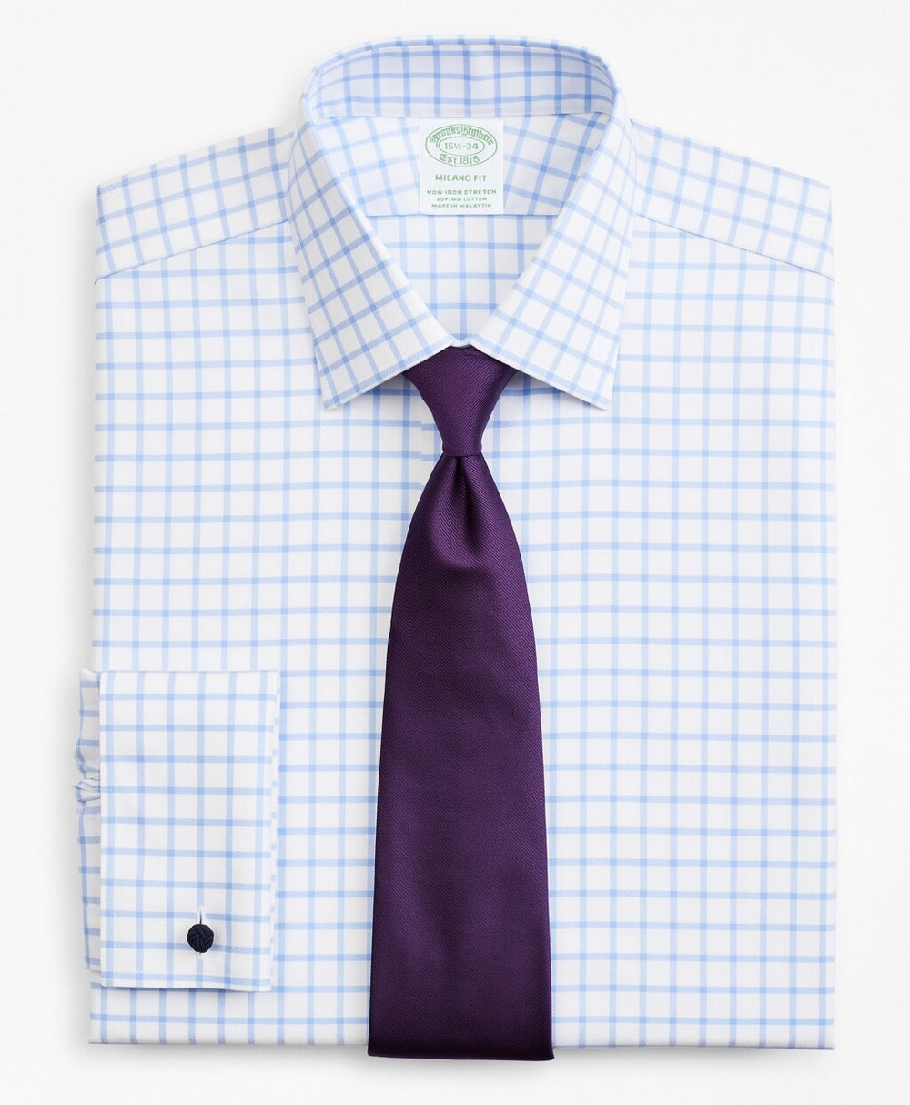 Stretch Milano Slim-Fit Dress Shirt, Non-Iron Twill Ainsley Collar French Cuff Grid Check