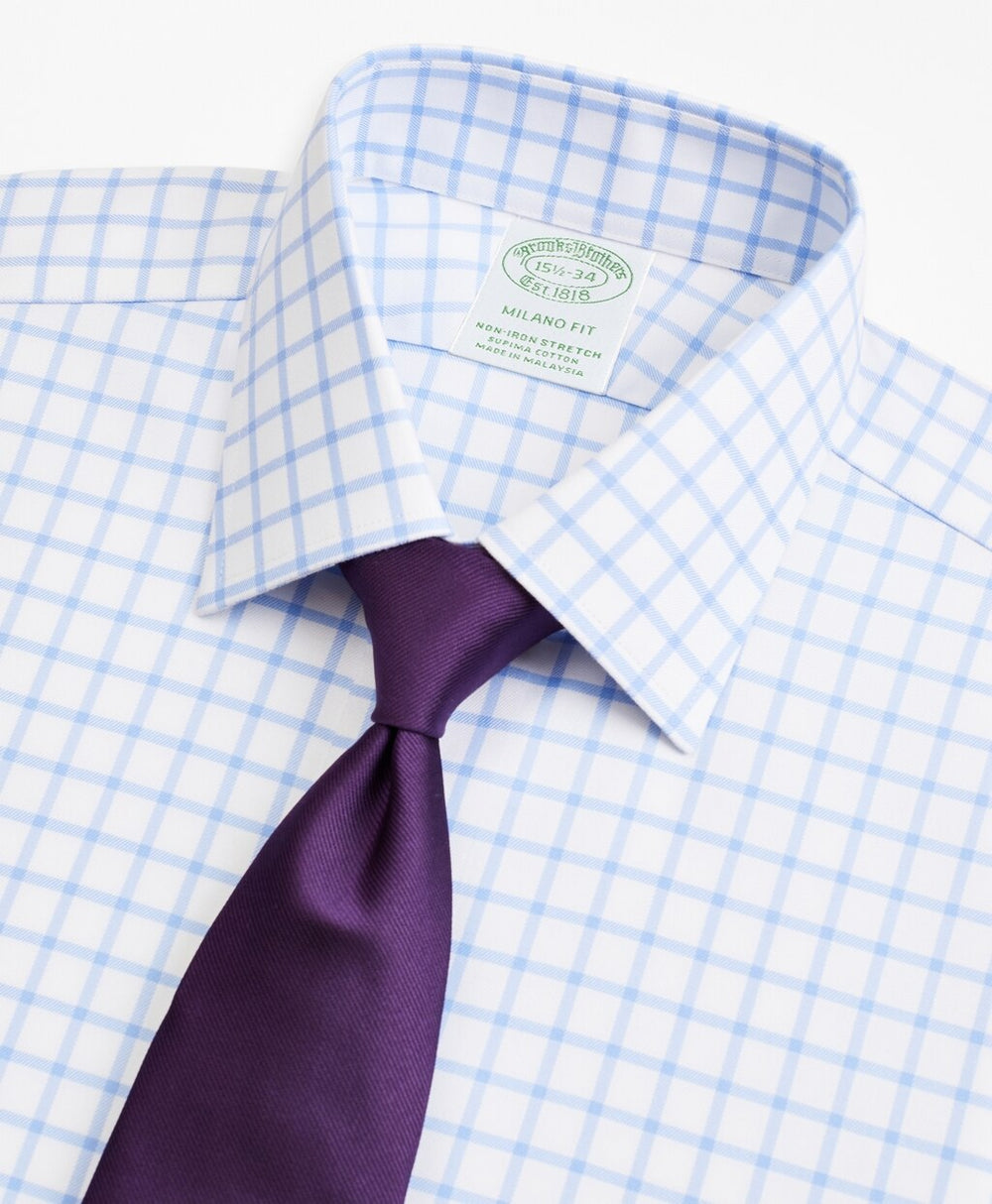 Stretch Milano Slim-Fit Dress Shirt, Non-Iron Twill Ainsley Collar French Cuff Grid Check