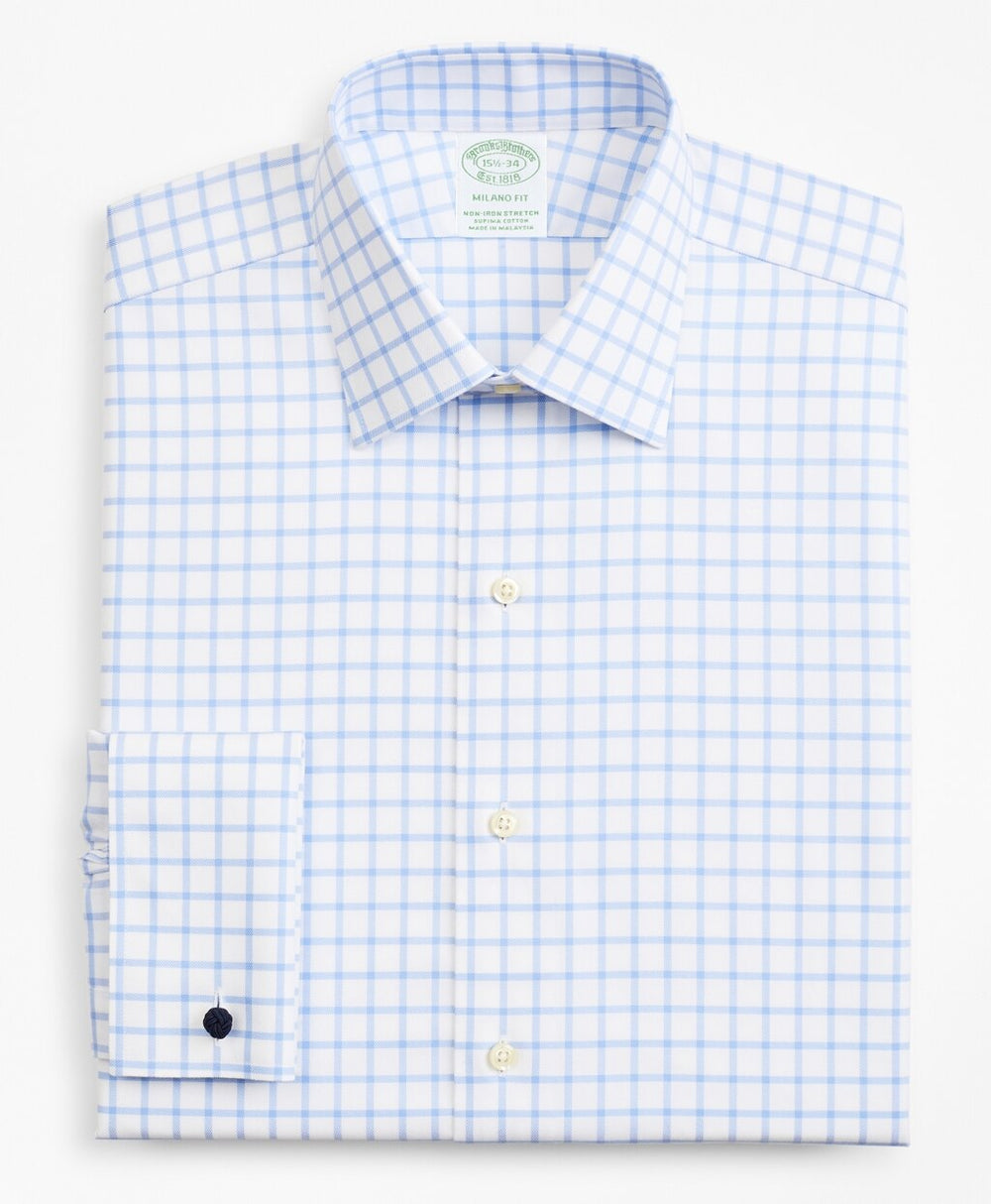 Stretch Milano Slim-Fit Dress Shirt, Non-Iron Twill Ainsley Collar French Cuff Grid Check