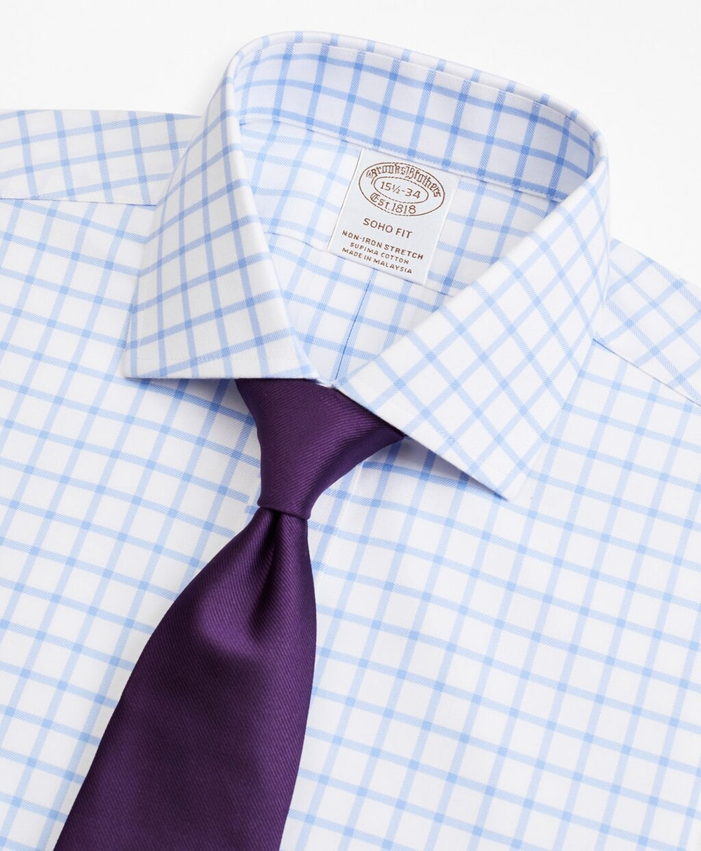 Stretch Soho Extra-Slim-Fit Dress Shirt, Non-Iron Twill English Collar Grid Check