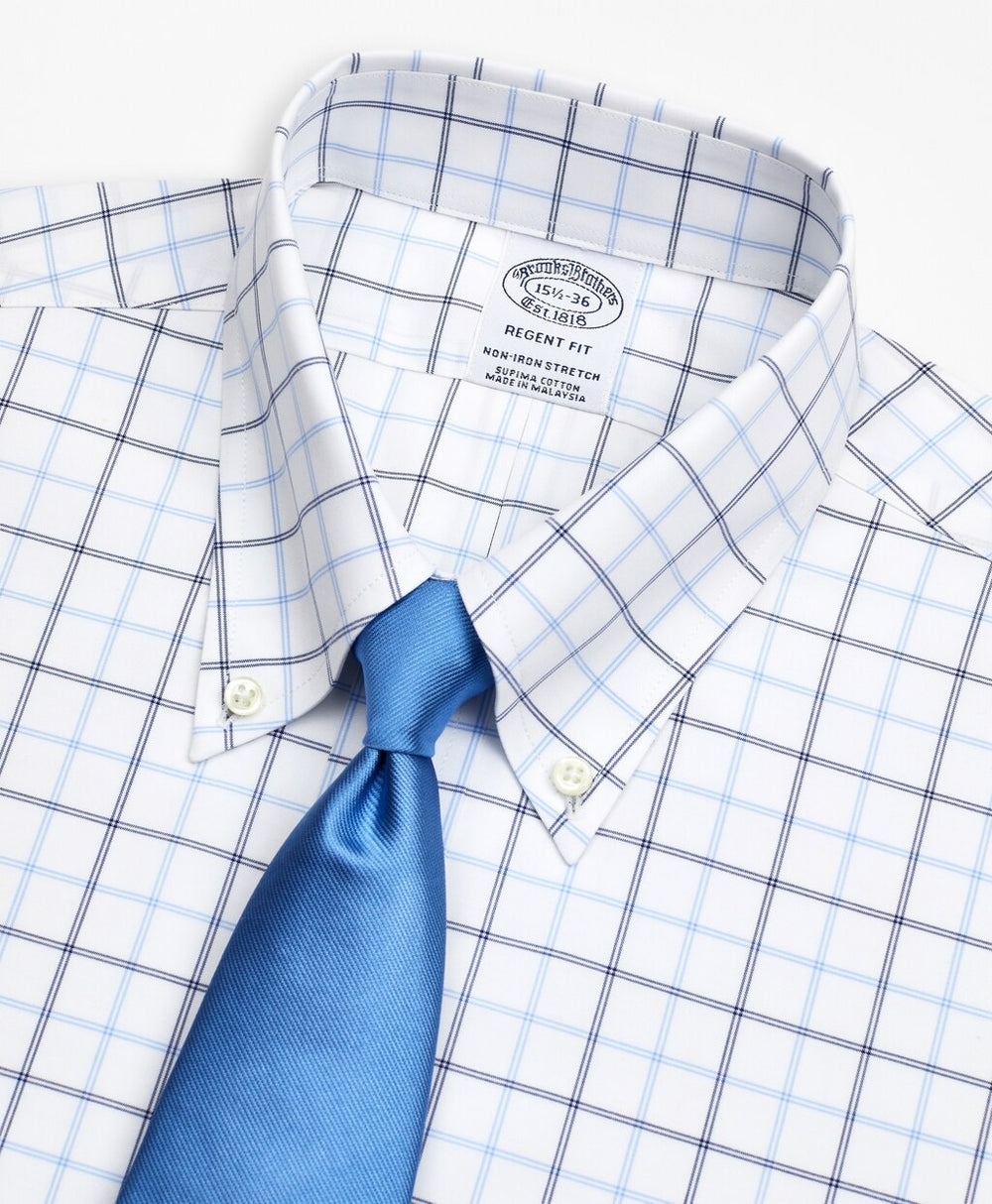 Stretch Regent Fitted Dress Shirt, Non-Iron Poplin Button-Down Collar Double-Grid Check