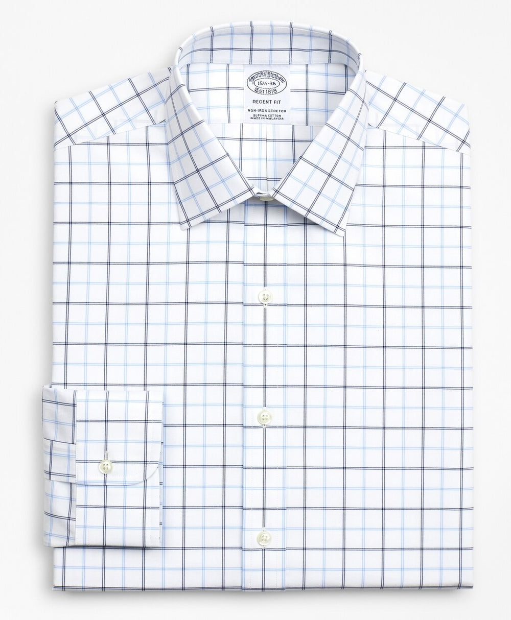 Stretch Regent Fitted Dress Shirt, Non-Iron Poplin Ainsley Collar Double-Grid Check