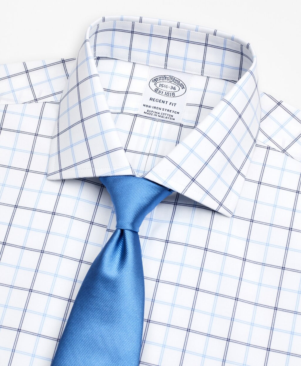 Stretch Regent Fitted Dress Shirt, Non-Iron Poplin English Collar Double-Grid Check