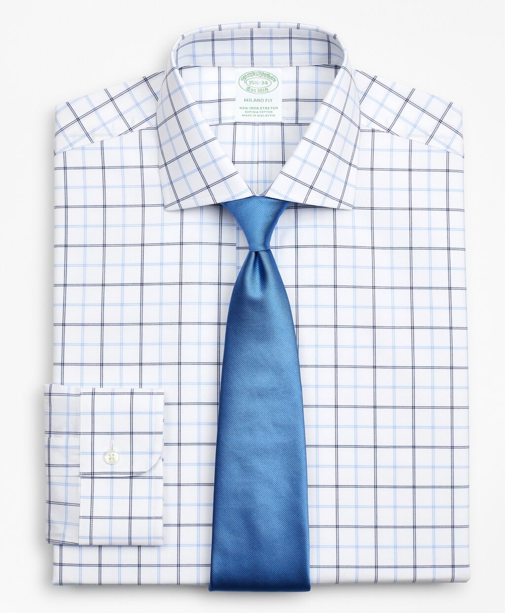 Stretch Milano Slim-Fit Dress Shirt, Non-Iron Poplin English Collar Double-Grid Check