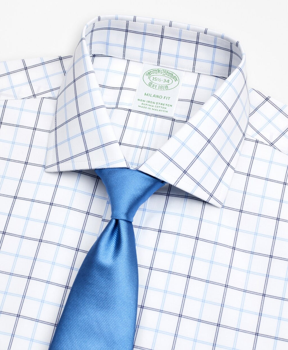 Stretch Milano Slim-Fit Dress Shirt, Non-Iron Poplin English Collar Double-Grid Check