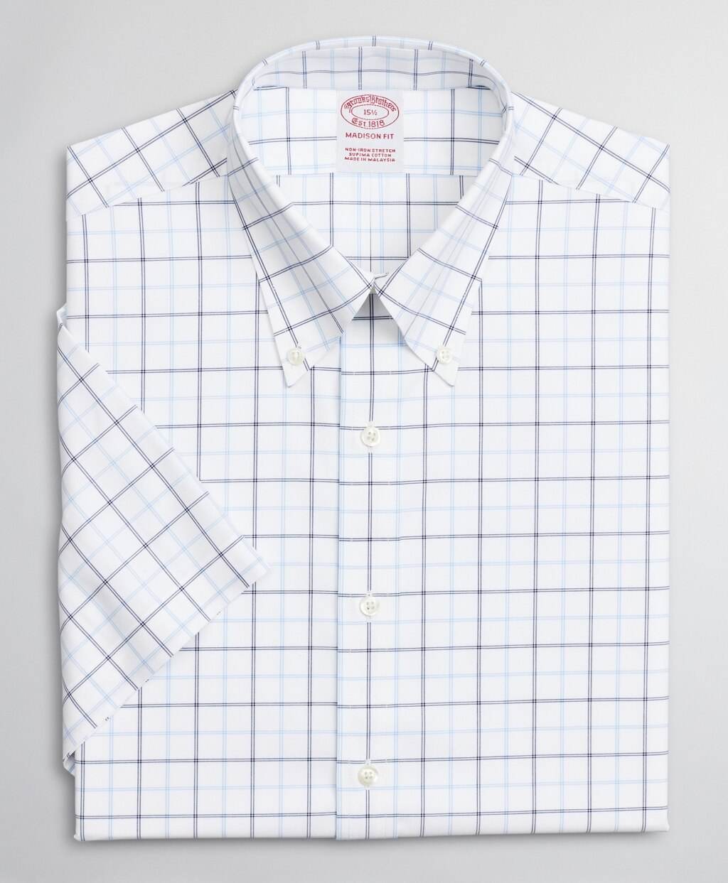 Stretch Madison Classic-Fit Dress Shirt, Non-Iron Twill Short-Sleeve Double-Grid Checkk