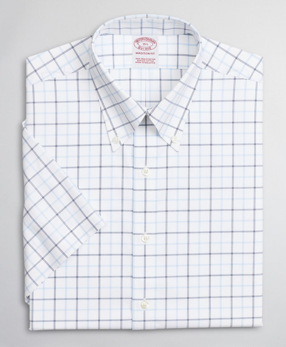 Stretch Madison Classic-Fit Dress Shirt, Non-Iron Twill Short-Sleeve Double-Grid Checkk