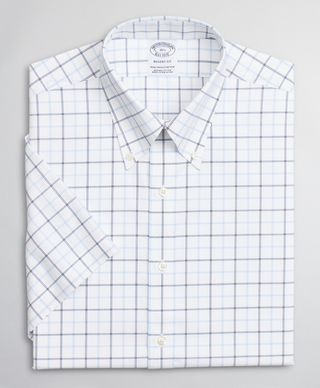 Stretch Regent Fitted Dress Shirt, Non-Iron Twill Short-Sleeve Double-Grid Check