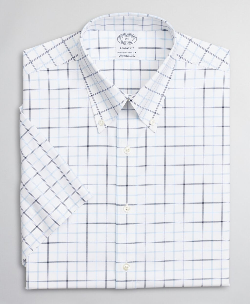Stretch Regent Fitted Dress Shirt, Non-Iron Twill Short-Sleeve Double-Grid Check