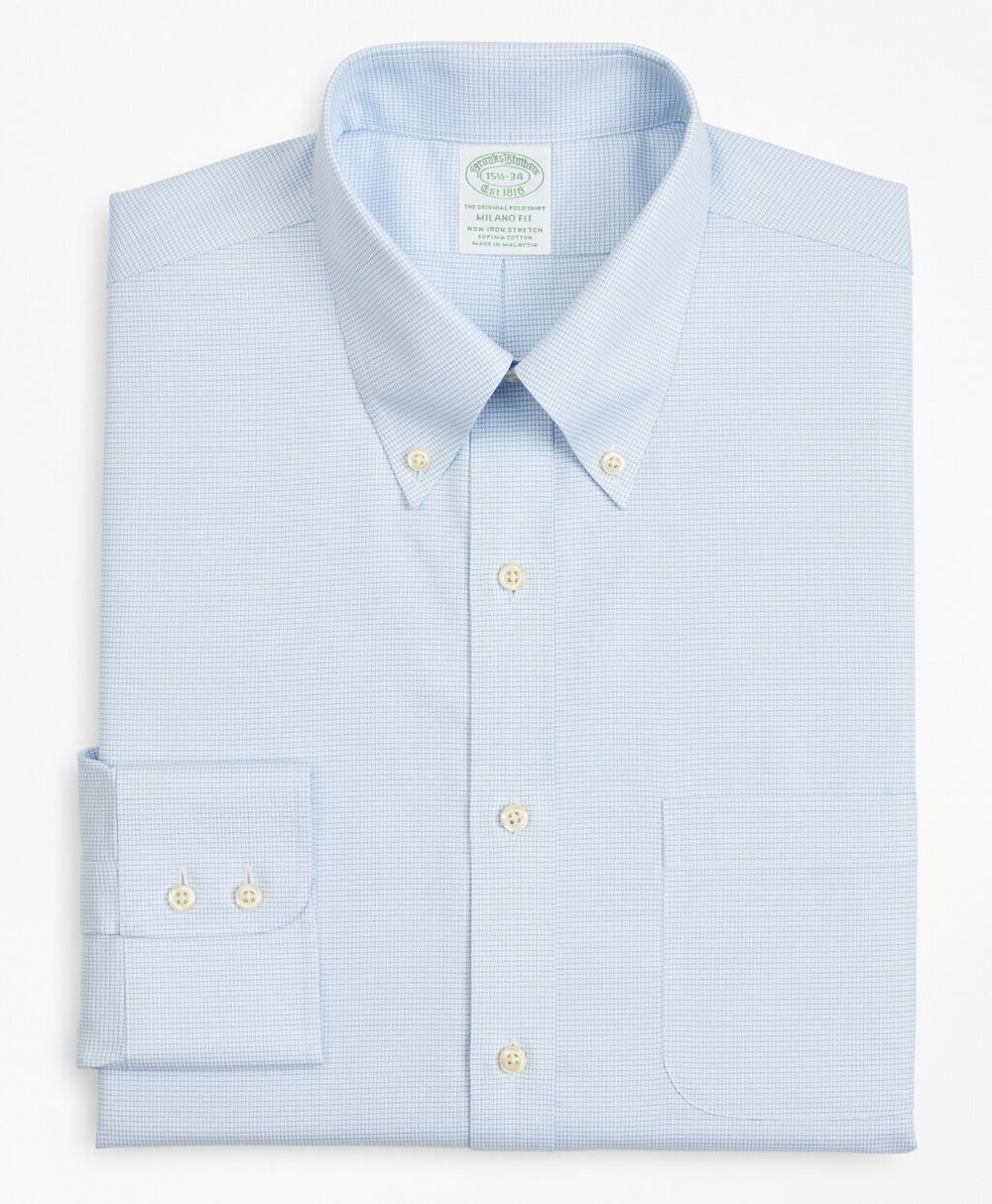 Stretch Milano Slim-Fit Dress Shirt, Non-Iron Twill Button-Down Collar Micro-Check