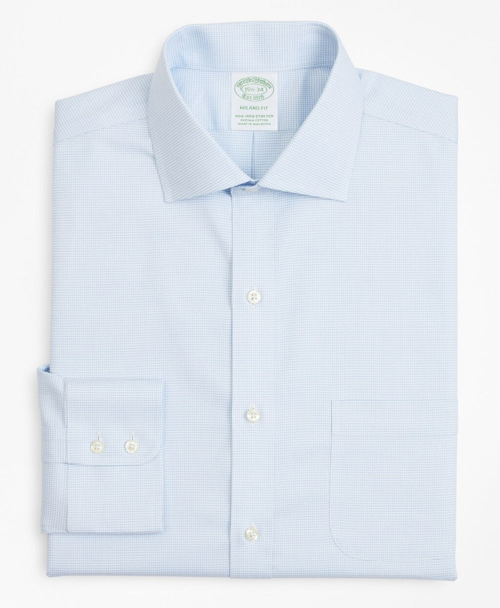 Stretch Milano Slim-Fit Dress Shirt, Non-Iron Twill English Collar Micro-Check