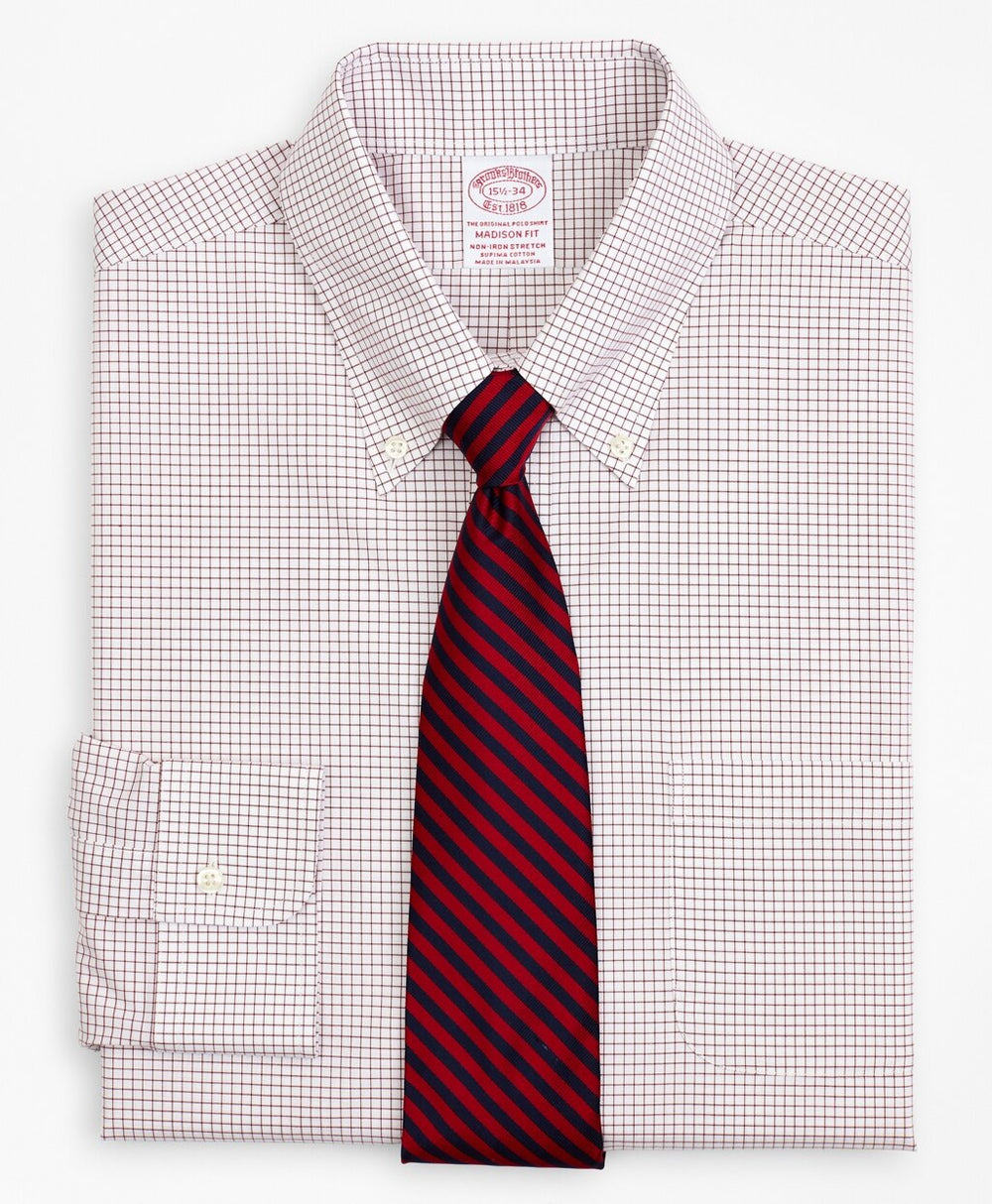 Stretch Madison Classic-Fit Dress Shirt, Non-Iron Poplin Button-Down Collar Small Grid Check