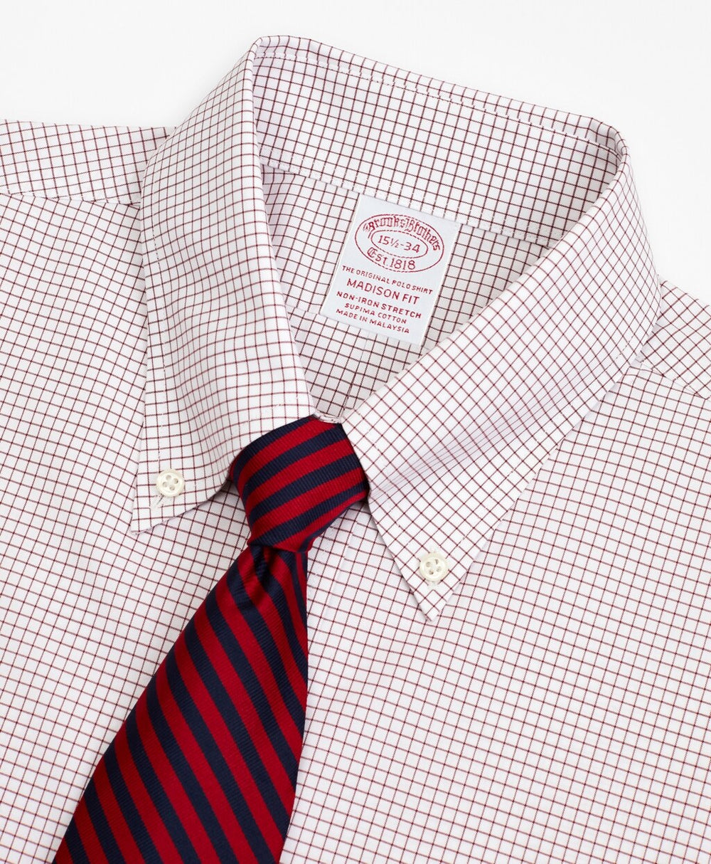 Stretch Madison Classic-Fit Dress Shirt, Non-Iron Poplin Button-Down Collar Small Grid Check