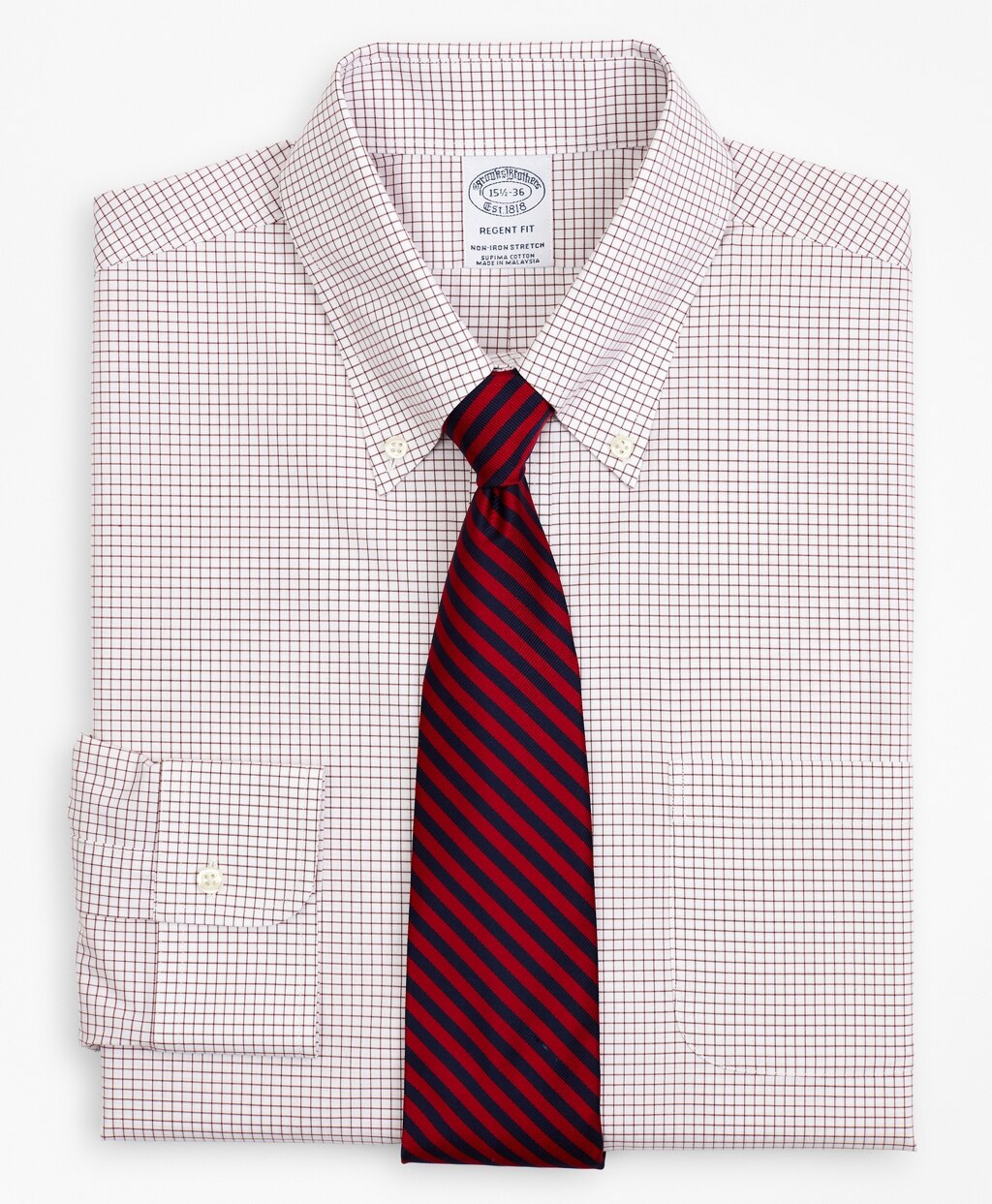 Stretch Regent Fitted Dress Shirt, Non-Iron Poplin Button-Down Collar Small Grid Check