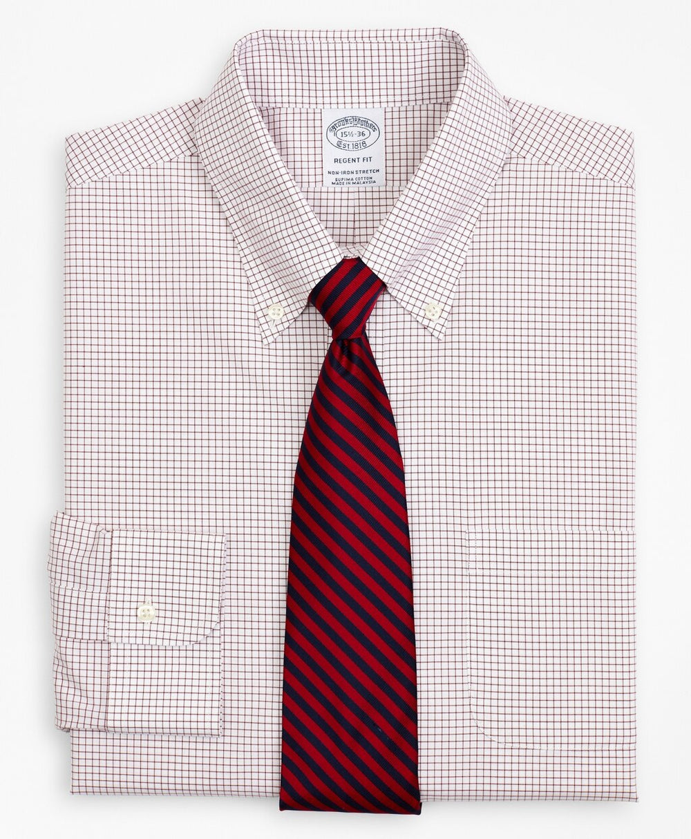 Stretch Regent Fitted Dress Shirt, Non-Iron Poplin Button-Down Collar Small Grid Check