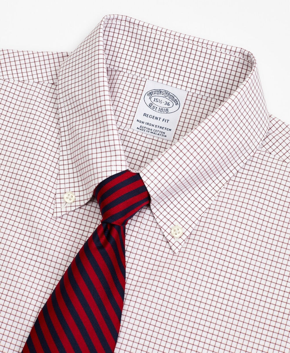 Stretch Regent Fitted Dress Shirt, Non-Iron Poplin Button-Down Collar Small Grid Check