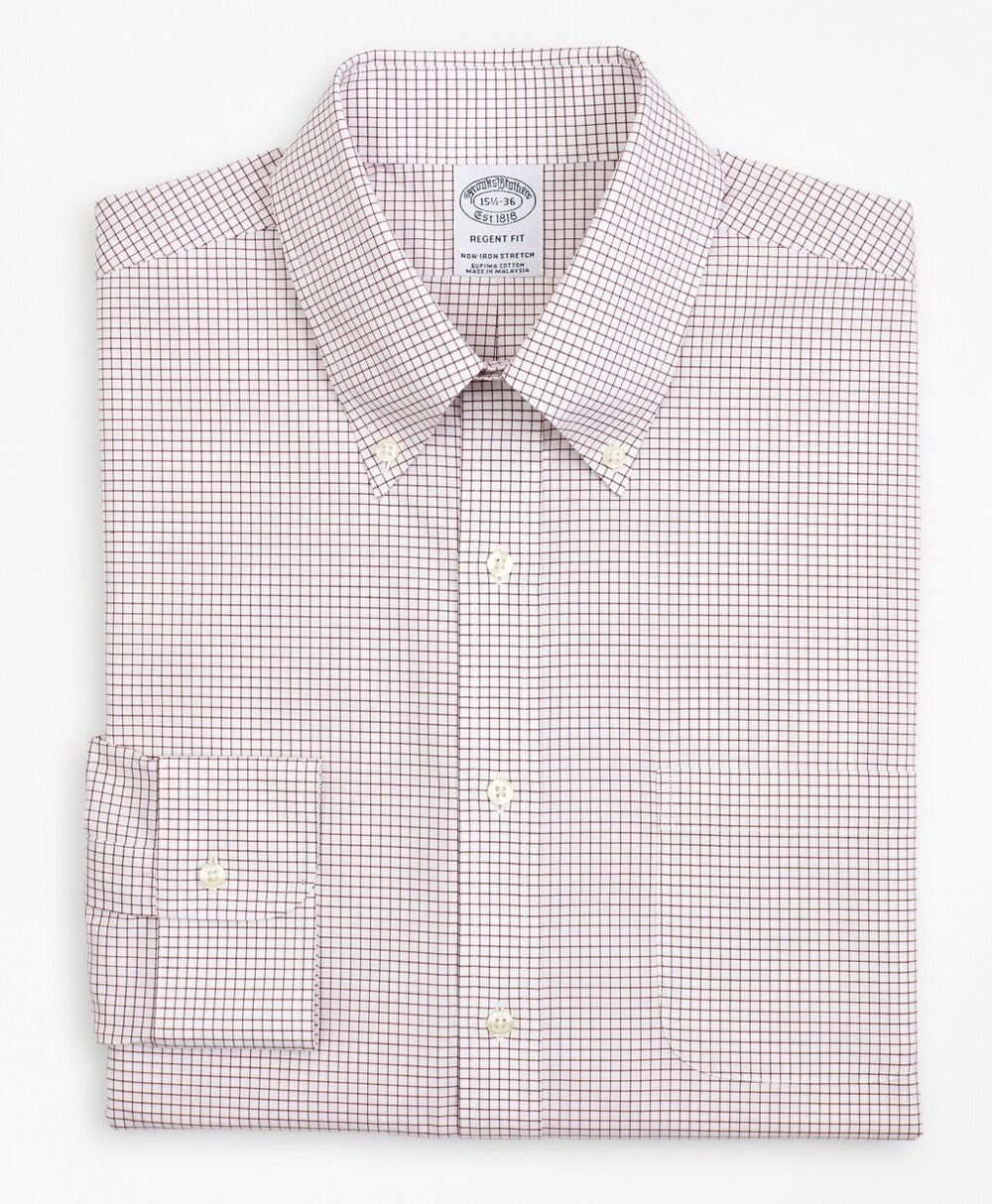 Stretch Regent Fitted Dress Shirt, Non-Iron Poplin Button-Down Collar Small Grid Check
