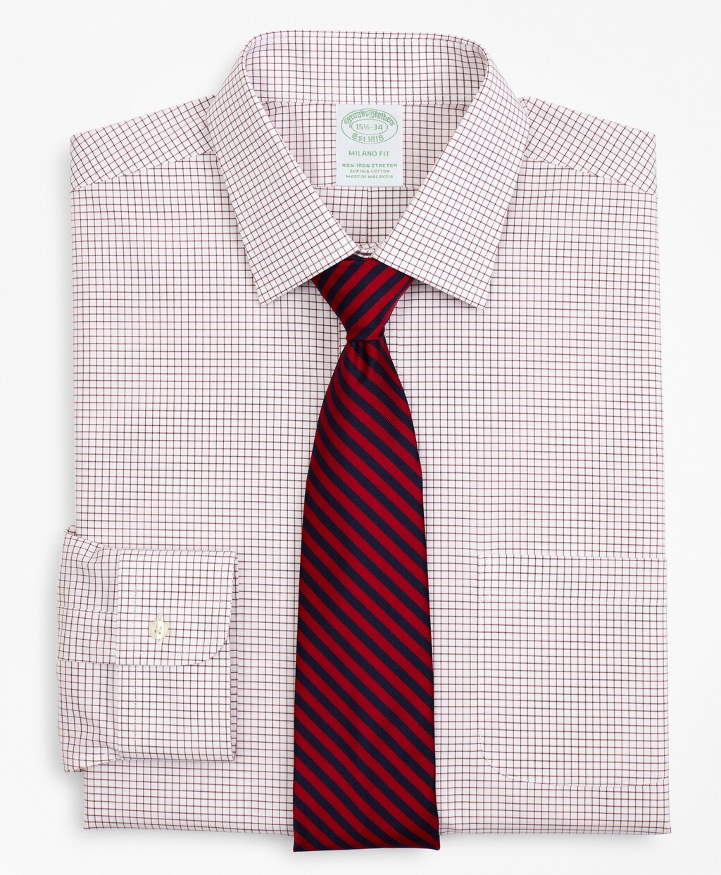 Stretch Milano Slim-Fit Dress Shirt, Non-Iron Poplin Ainsley Collar Small Grid Check