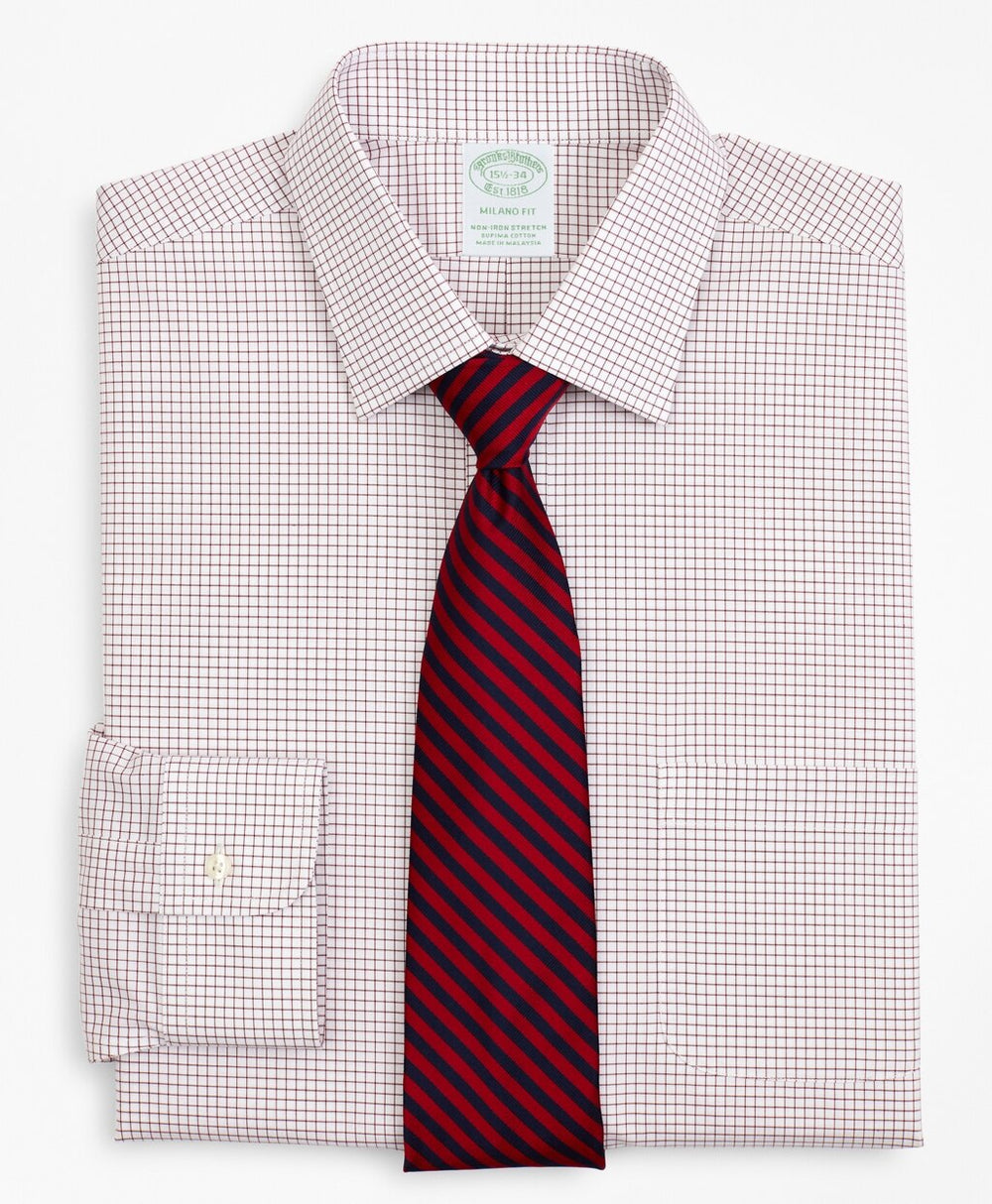 Stretch Milano Slim-Fit Dress Shirt, Non-Iron Poplin Ainsley Collar Small Grid Check