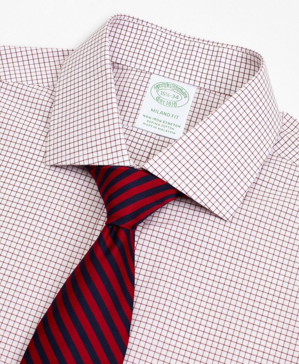 Stretch Milano Slim-Fit Dress Shirt, Non-Iron Poplin English Collar Small Grid Check