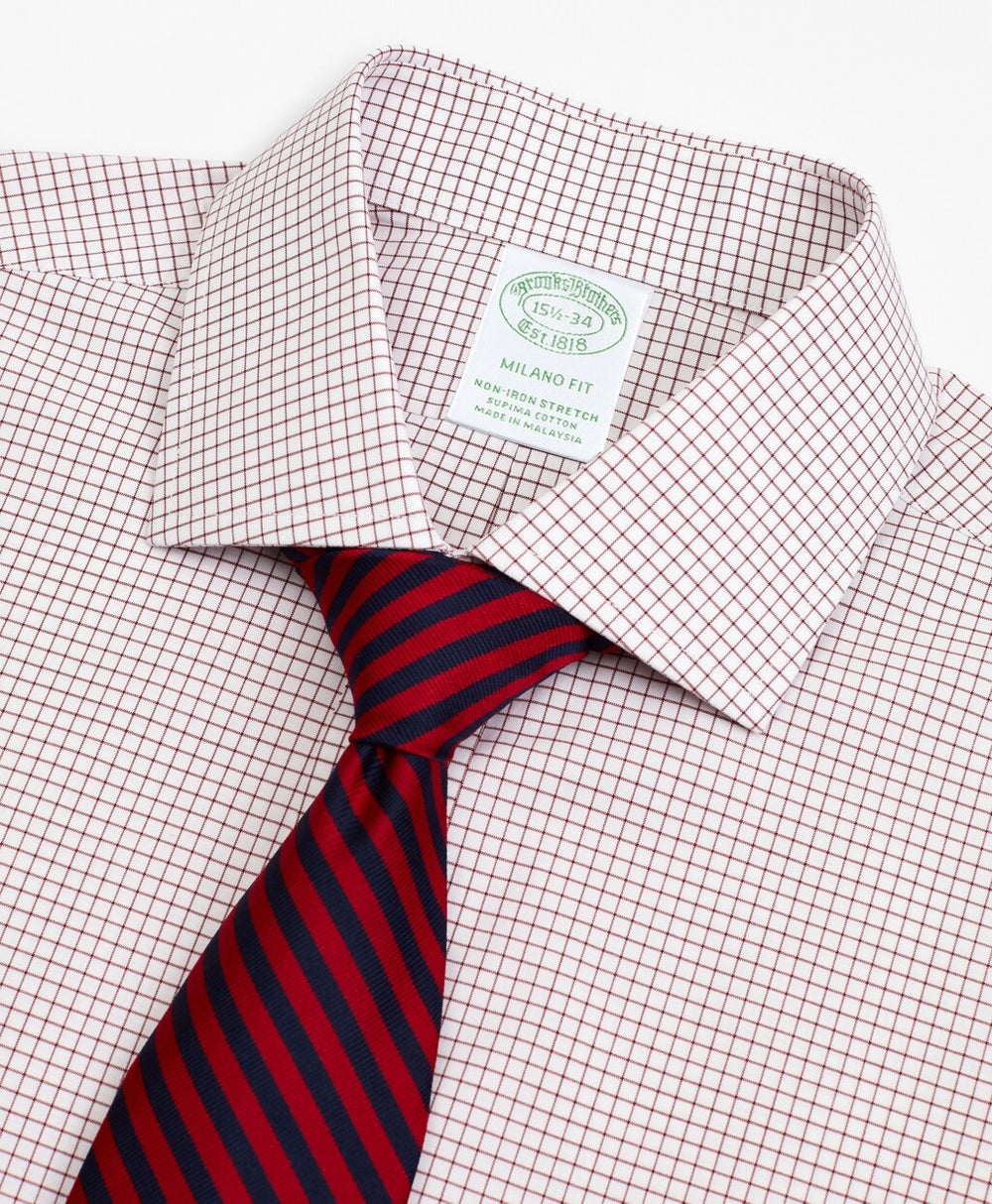 Stretch Milano Slim-Fit Dress Shirt, Non-Iron Poplin English Collar Small Grid Check