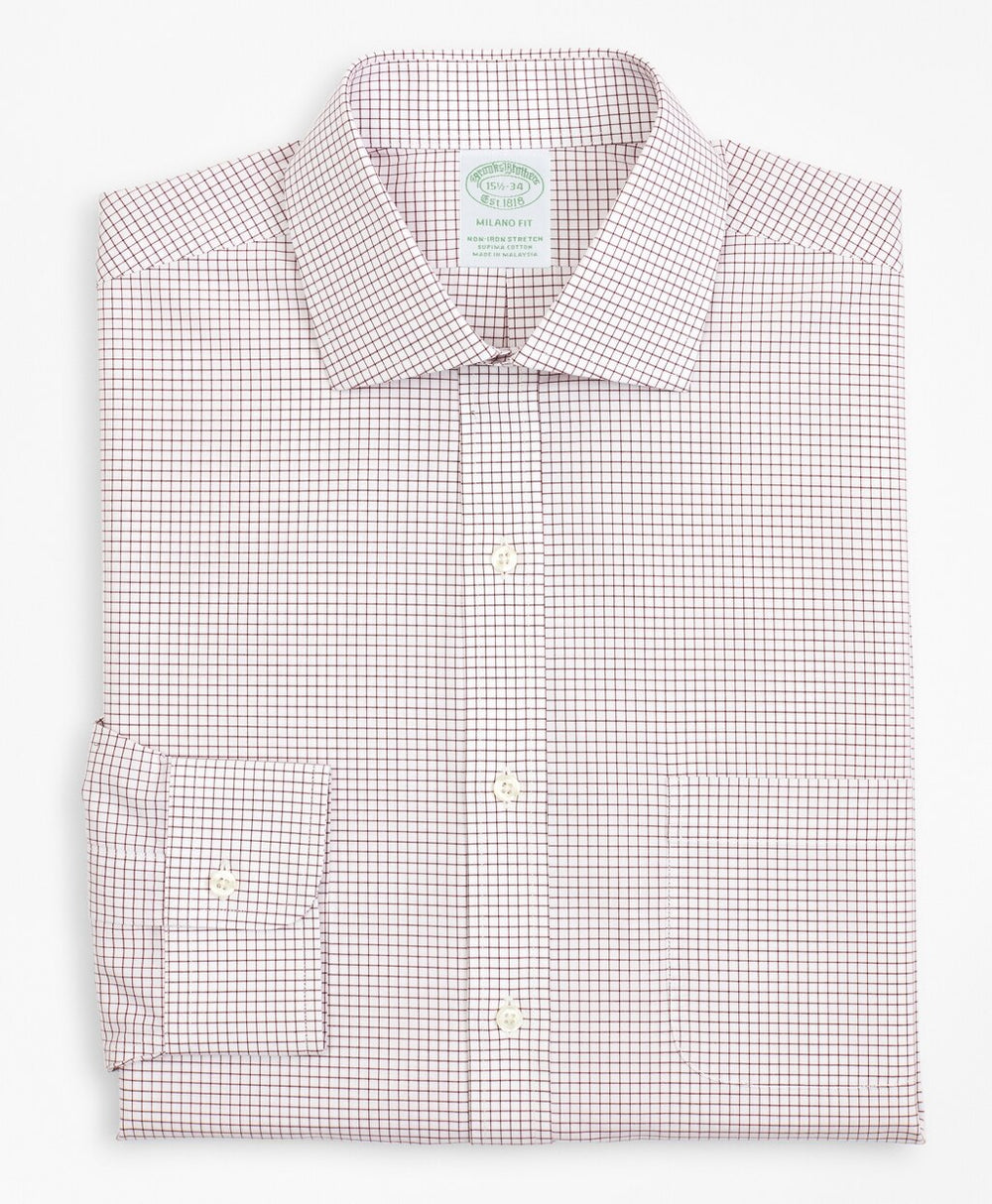 Stretch Milano Slim-Fit Dress Shirt, Non-Iron Poplin English Collar Small Grid Check