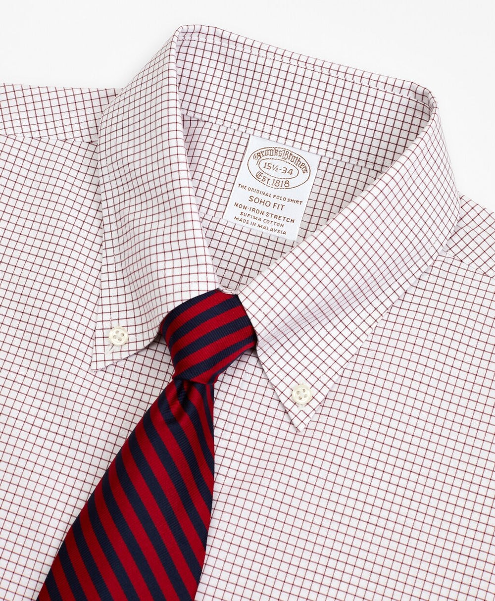 Stretch Soho Extra-Slim-Fit Dress Shirt, Non-Iron Poplin Button-Down Collar Small Grid Check