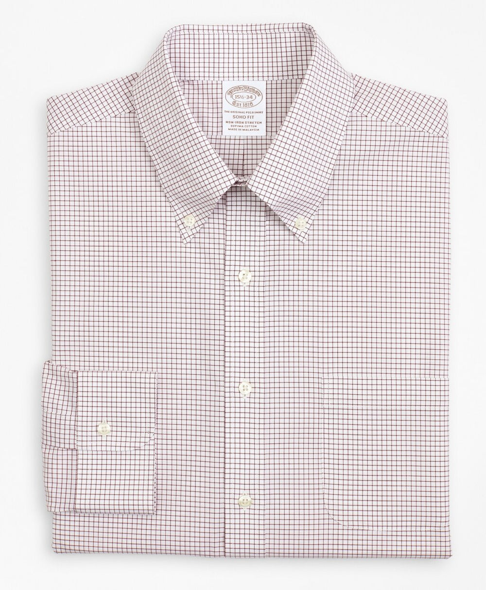 Stretch Soho Extra-Slim-Fit Dress Shirt, Non-Iron Poplin Button-Down Collar Small Grid Check