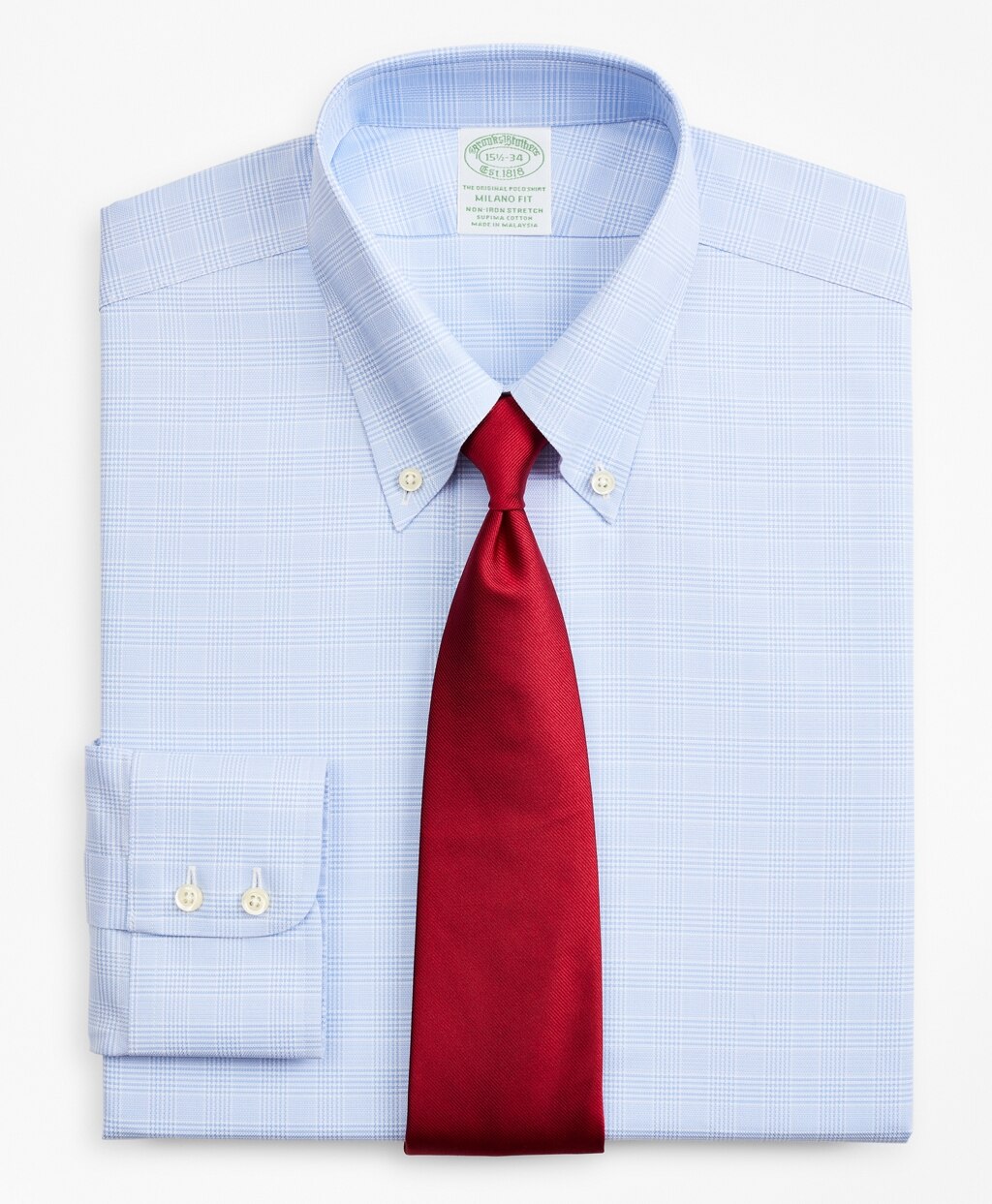 Stretch Milano Slim-Fit Dress Shirt, Non-Iron Royal Oxford Button-Down Collar Glen Plaid