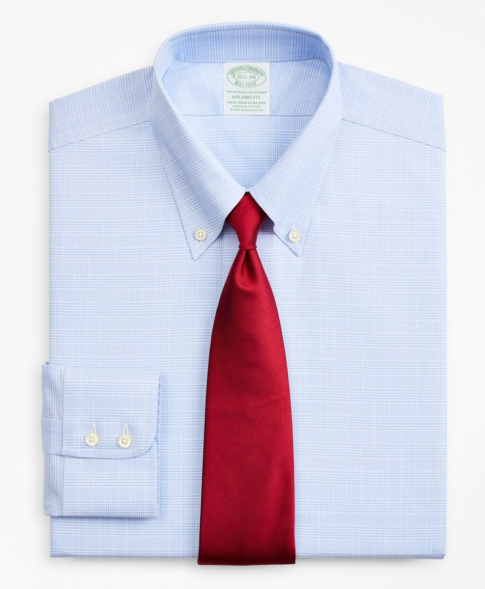 Stretch Milano Slim-Fit Dress Shirt, Non-Iron Royal Oxford Button-Down Collar Glen Plaid