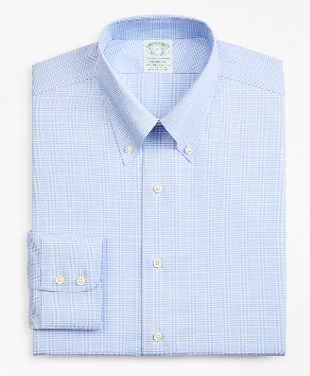Stretch Milano Slim-Fit Dress Shirt, Non-Iron Royal Oxford Button-Down Collar Glen Plaid