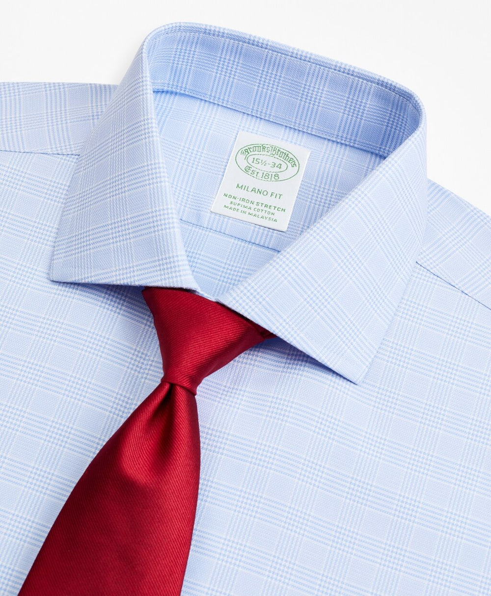 Stretch Milano Slim-Fit Dress Shirt, Non-Iron Royal Oxford English Collar Glen Plaid