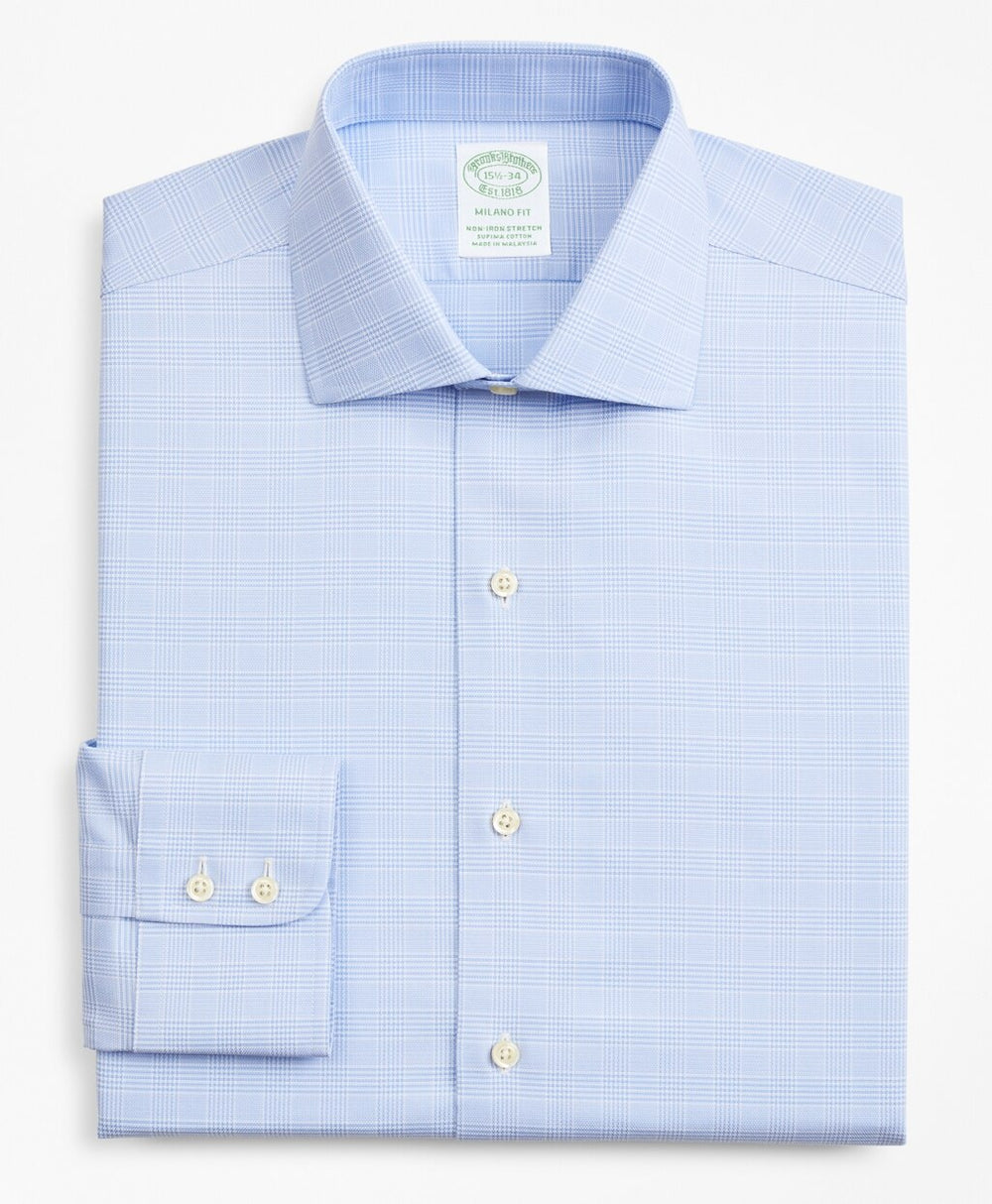 Stretch Milano Slim-Fit Dress Shirt, Non-Iron Royal Oxford English Collar Glen Plaid