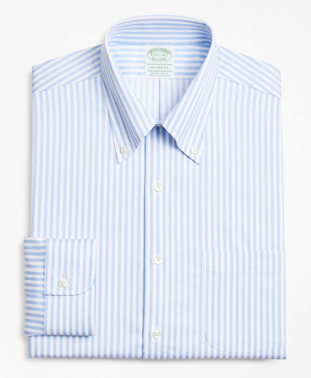 Stretch Milano Slim-Fit Dress Shirt, Non-Iron Twill Button-Down Collar Bold Stripe