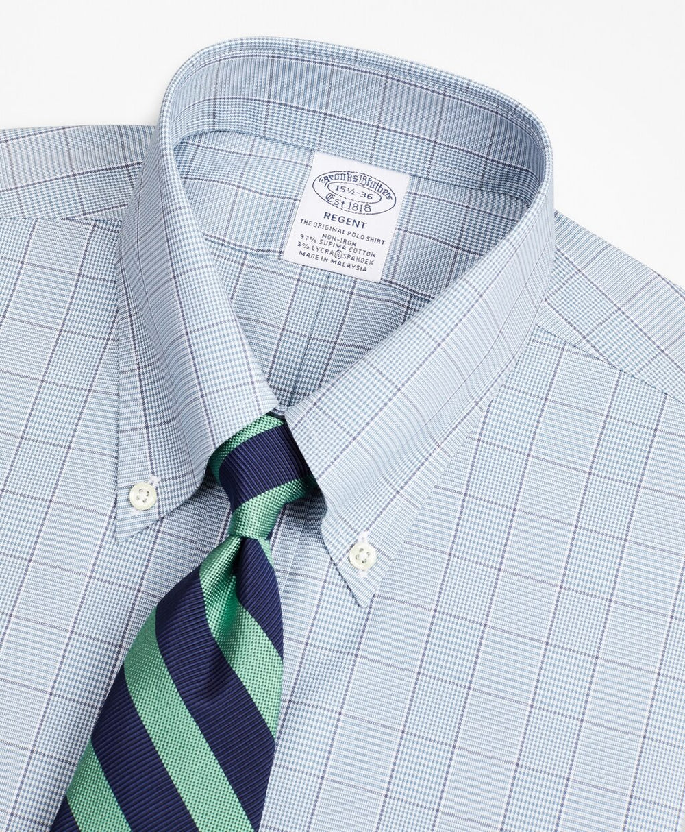 Stretch Regent Fitted Dress Shirt, Non-Iron Pinpoint Button-Down Collar Glen Plaid