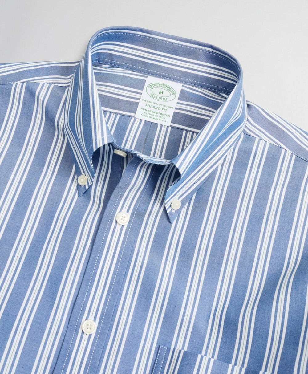 Stretch Milano Slim-Fit Sport Shirt, Non-Iron Awning Stripe