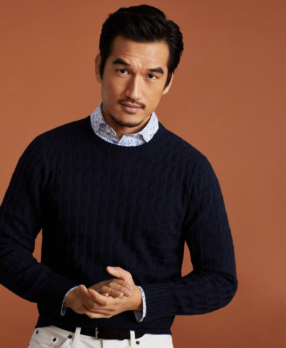 Golden Fleece® 3-D Knit Fine-Gauge Cashmere-Silk Textured Crewneck Sweater