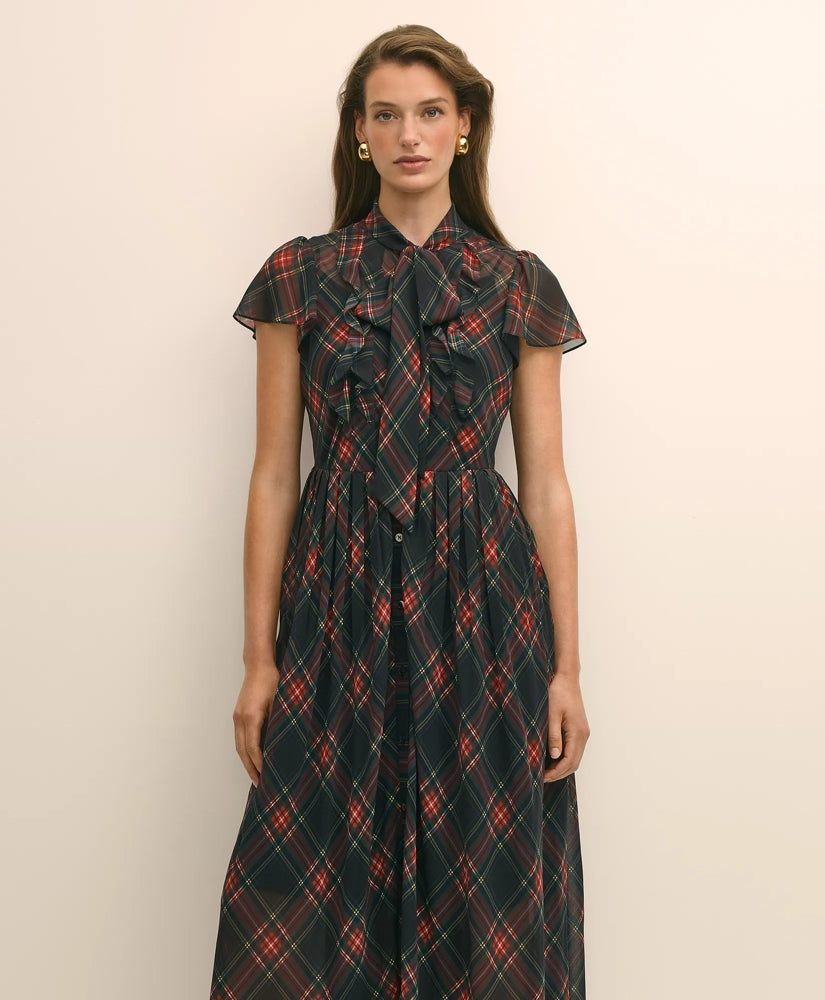Chiffon Plaid Flutter-Sleeve Maxi Dress