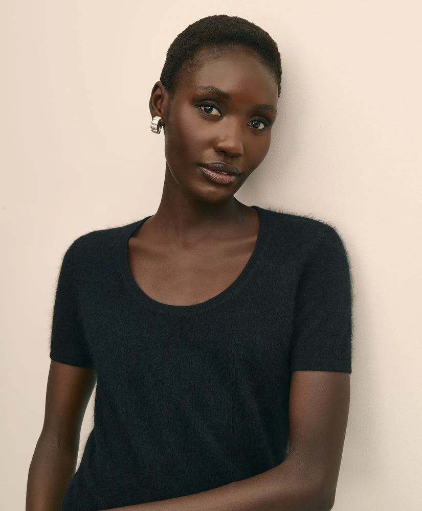 Wool-Cashmere Blend Brushed Short-Sleeve Sweater Shell