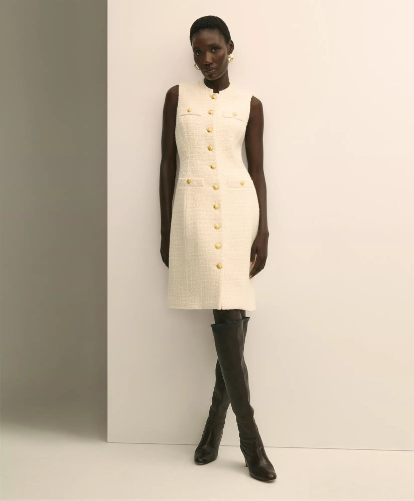 Boucle Sleeveless Button-Front Sheath Dress