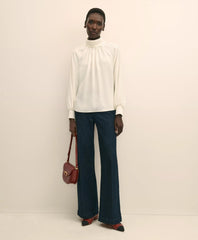 Crepe Band-Collar Relaxed Blouse