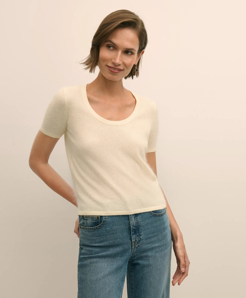 Wool-Cashmere Blend Brushed Short-Sleeve Sweater Shell